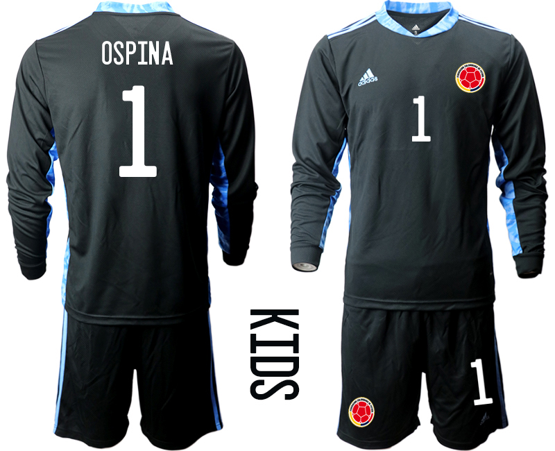 Youth 2020-2021 Season National team Colombia goalkeeper Long sleeve black #1 Soccer Jersey